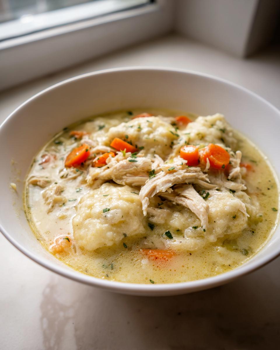 Close-up of a creamy bowl of chicken and dumpling soup, featuring shredded chicken and sliced carrots.