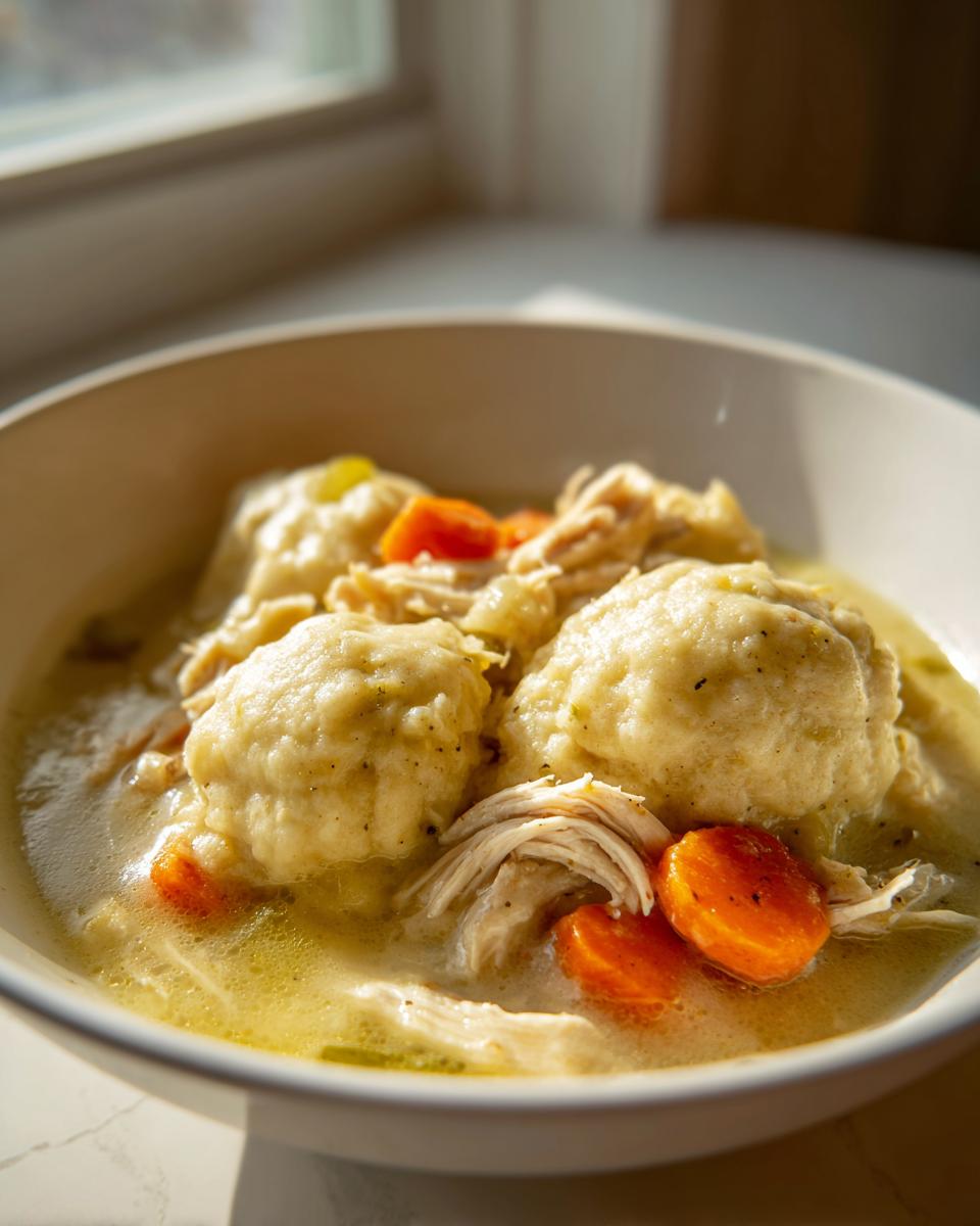 Close-up of a bowl of creamy chicken and dumpling stew featuring fluffy dumplings, shredded chicken, and bright orange carrots.