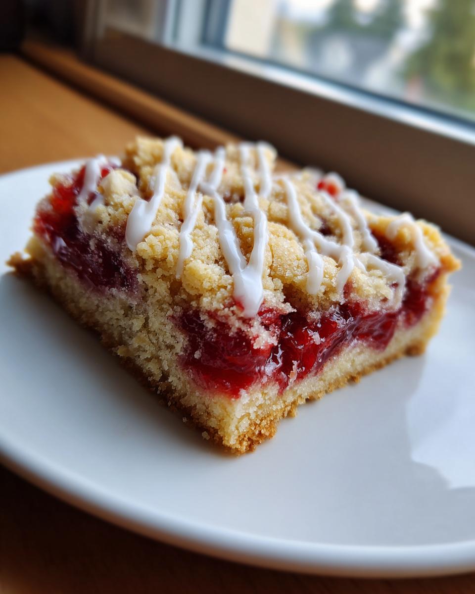 A close-up of a single square of cherry pie bars with a crumb topping and white icing drizzle.