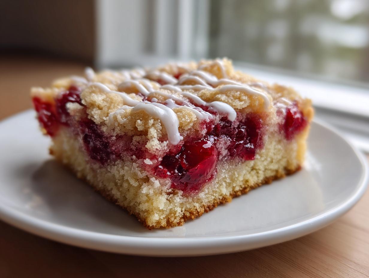 A close-up of a single square of cherry pie bars with a crumb topping and white icing drizzle.