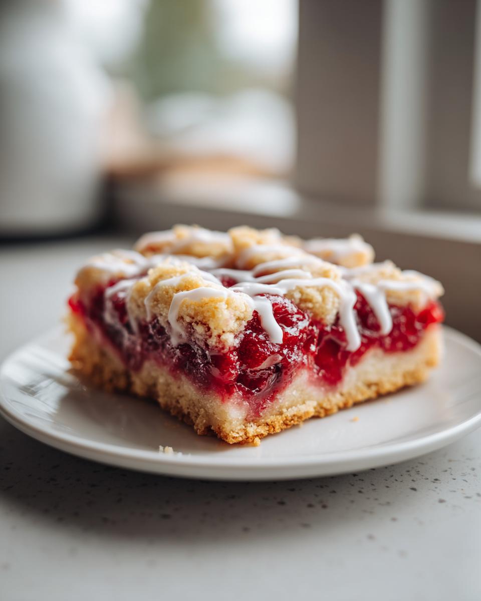 A close-up of a single serving of cherry pie bars with a thick cherry filling and white icing drizzle.