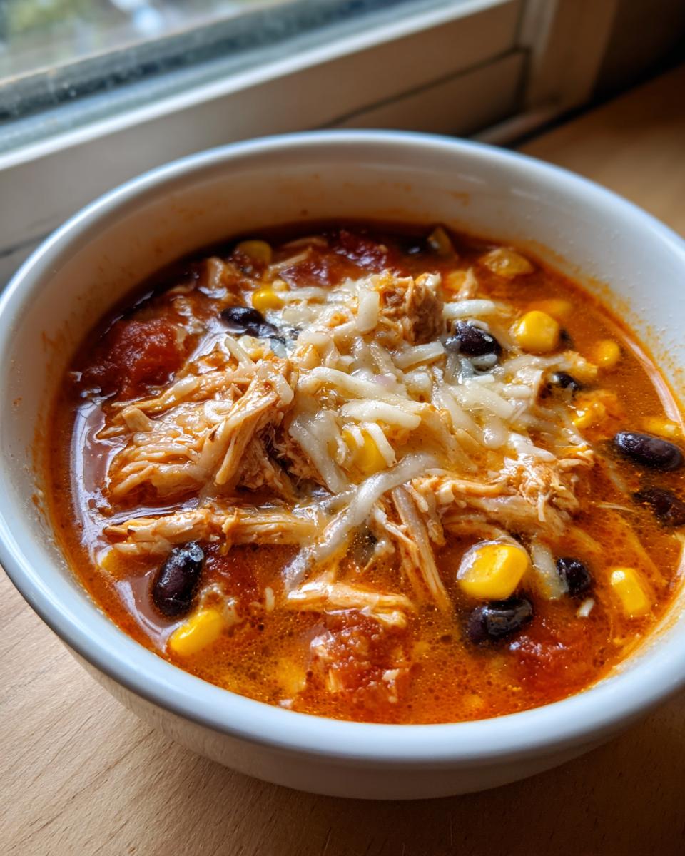 A close-up of a white bowl filled with rich, orange-red slow cooker buffalo chicken chili, topped with shredded cheese, corn, and black beans.