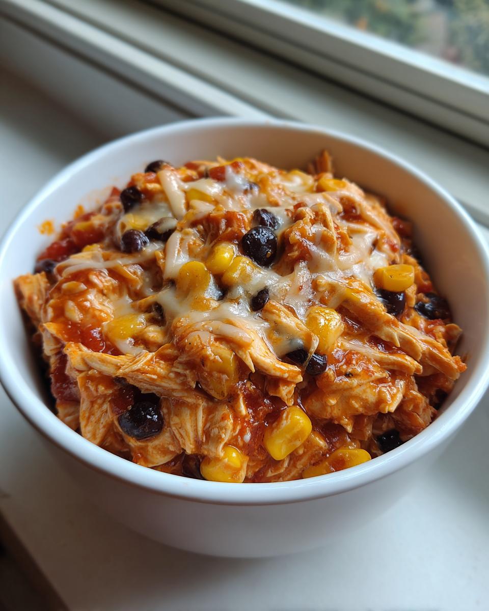 A white bowl filled with shredded chicken, corn, black beans, and melted cheese, representing slow cooker buffalo chicken chili.
