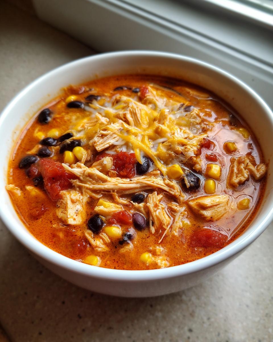 Close-up of a white bowl filled with rich, orange slow cooker buffalo chicken chili, topped with shredded cheese, black beans, and corn.