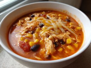 Close-up of a white bowl filled with rich, orange-red slow cooker buffalo chicken chili, topped with shredded cheese, corn, and black beans.