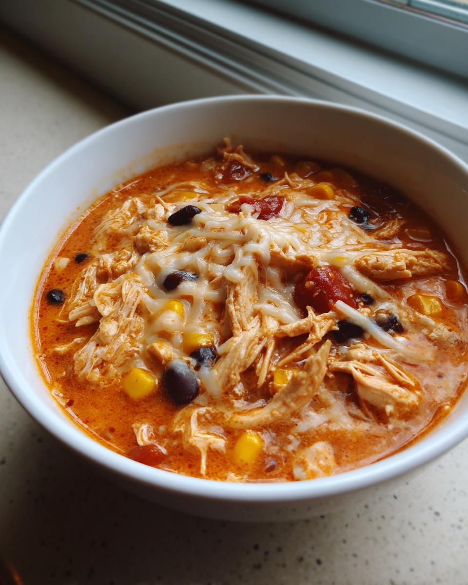 A white bowl filled with rich, orange-red slow cooker buffalo chicken chili topped with shredded cheese, black beans, and corn.