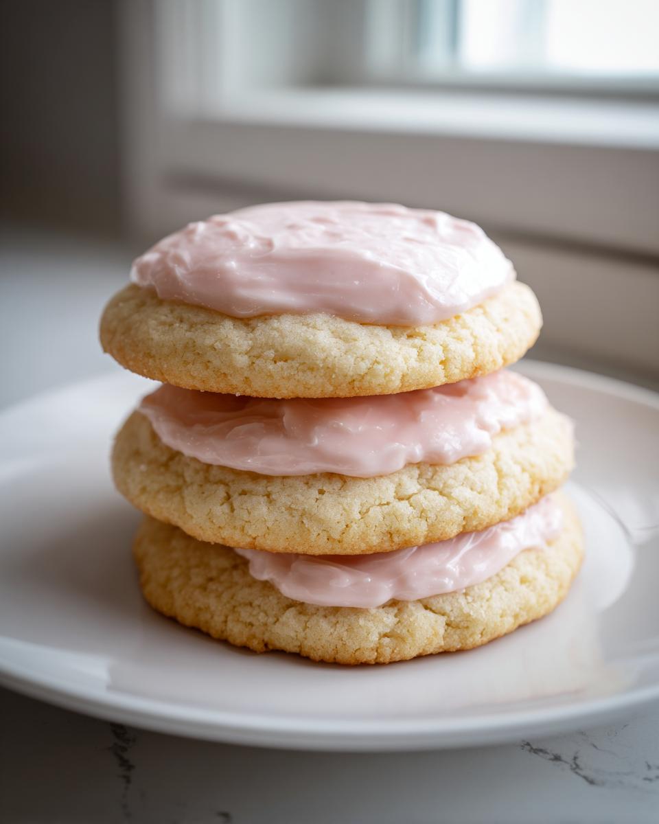 A stack of three soft sugar cookies topped with thick, pale pink frosting.
