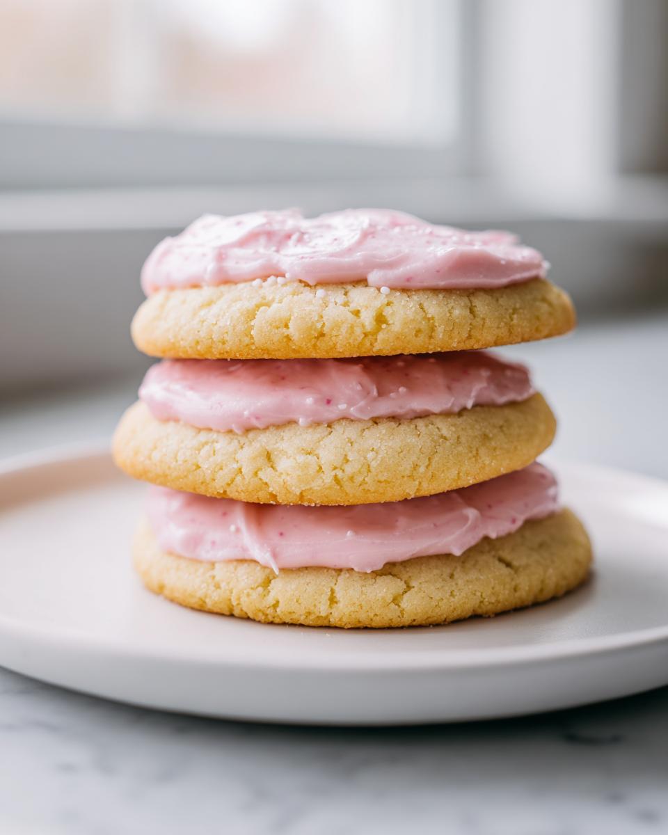 Three soft sugar cookies stacked, layered with thick pink frosting, ready to eat.