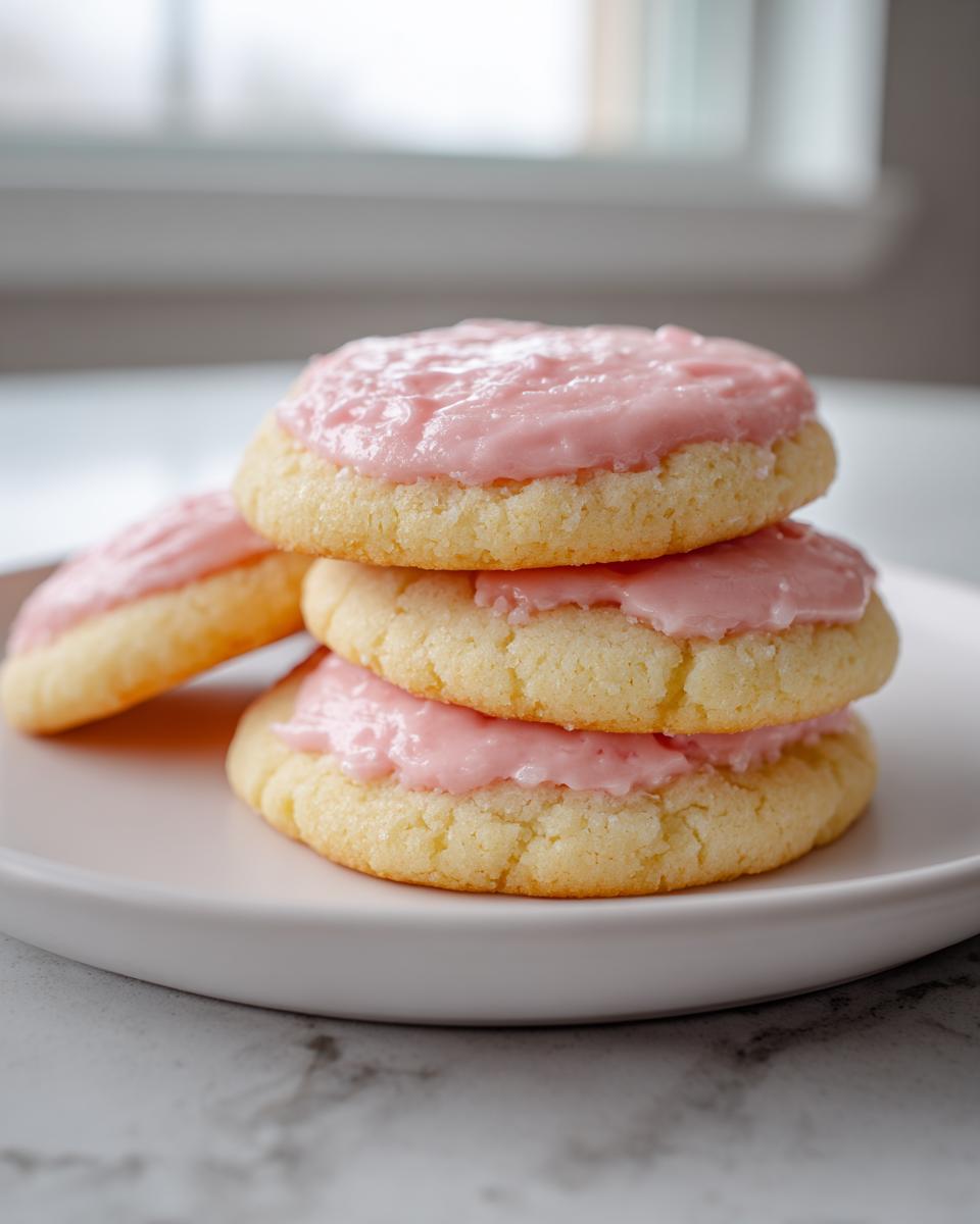 A stack of three soft sugar cookies topped with thick pink frosting, resting on a white plate.