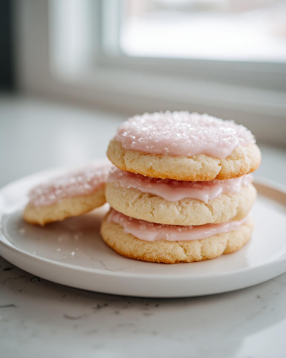 A stack of three soft sugar cookies topped with pink frosting and sparkling sugar.