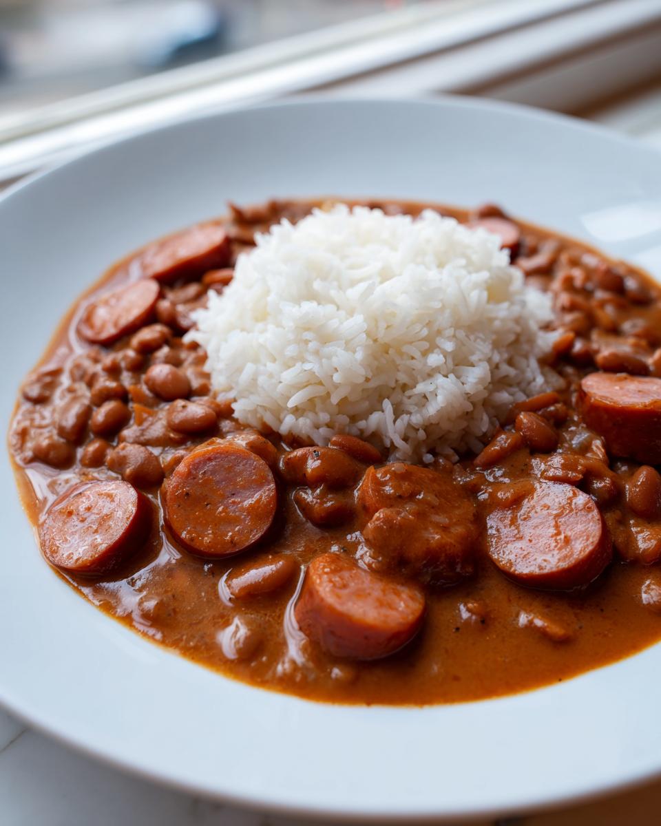 A plate of flavorful beans and rice topped with slices of smoked sausage.