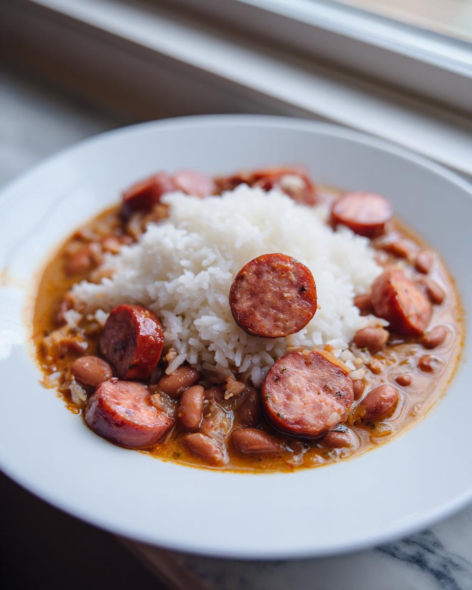 A close-up of soulful beans and rice topped with slices of smoked sausage served in a white bowl.