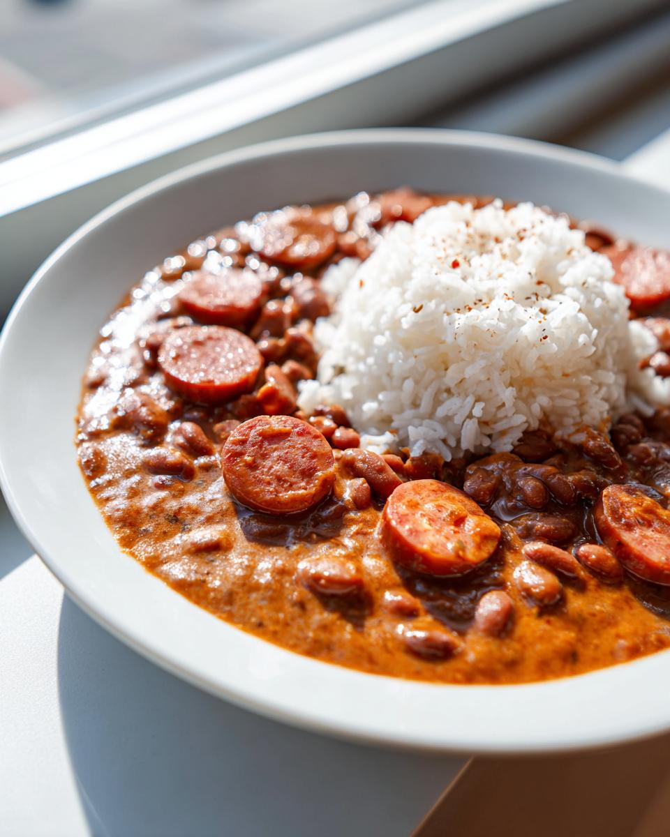 A close-up of soulful beans and rice served in a white bowl, topped with sliced sausage and white rice.