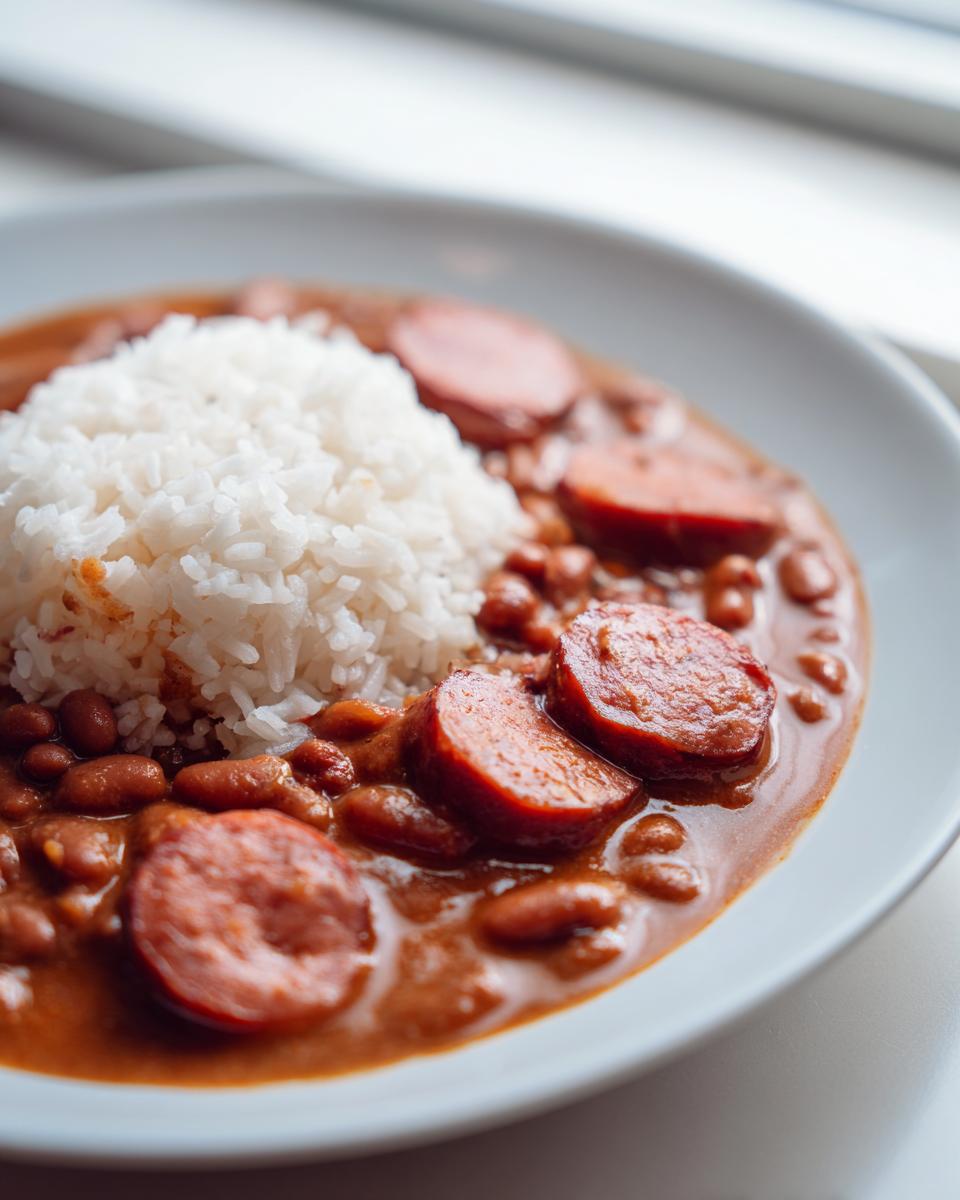Close-up of soulful beans and rice topped with slices of smoked sausage on a white plate.