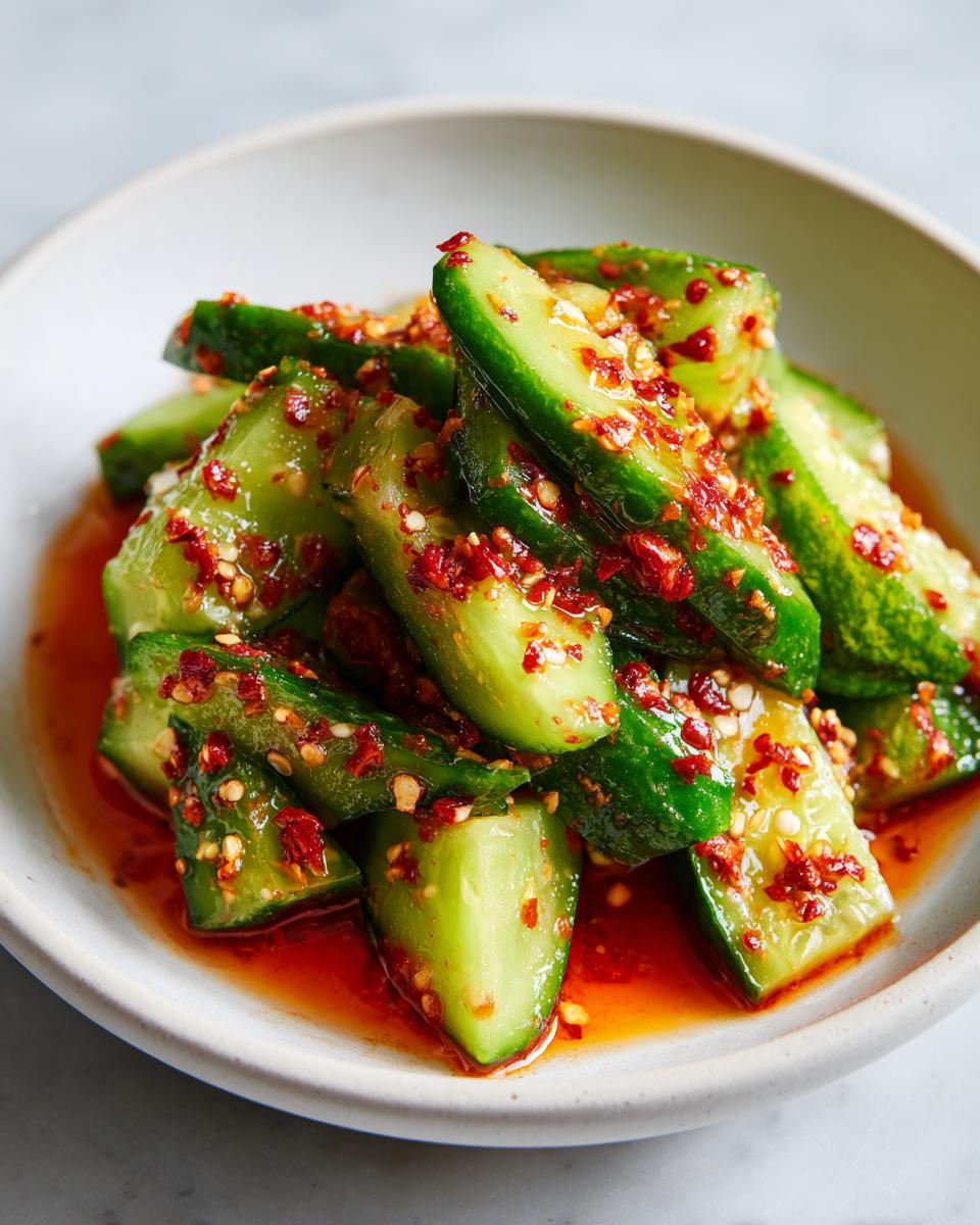 Close-up of vibrant, spicy korean cucumber salad pieces coated in chili flakes and red oil in a white bowl.