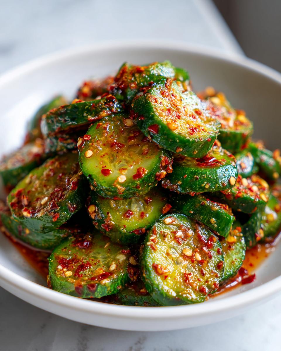 Close-up of vibrant, spicy korean cucumber salad slices coated in chili flakes, served in a white bowl.