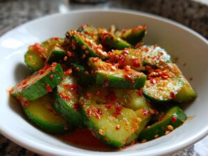 Close-up of vibrant, spicy korean cucumber salad slices seasoned with red chili flakes and sesame seeds.