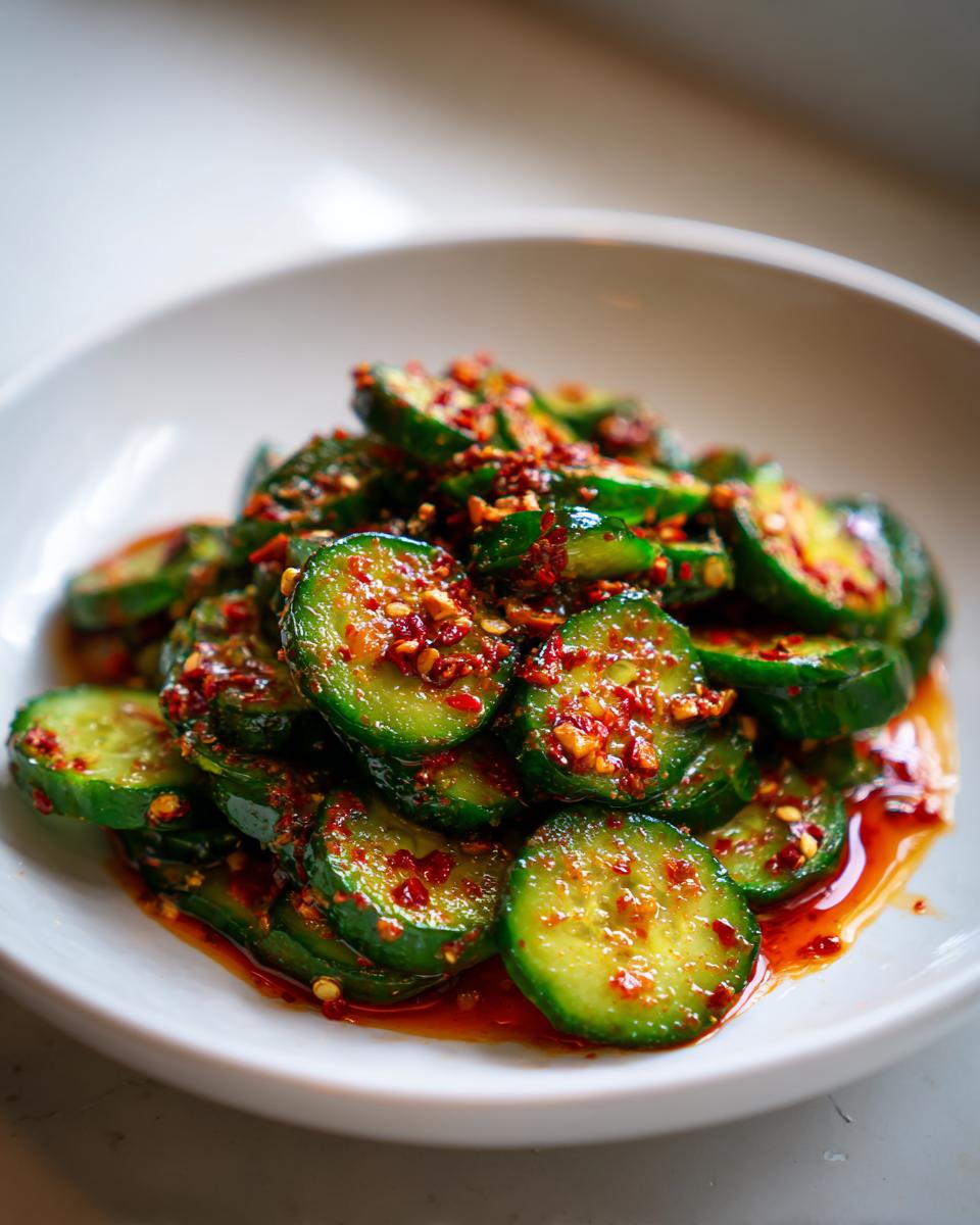 Close-up of vibrant, spicy korean cucumber salad slices coated in chili flakes and sauce in a white bowl.