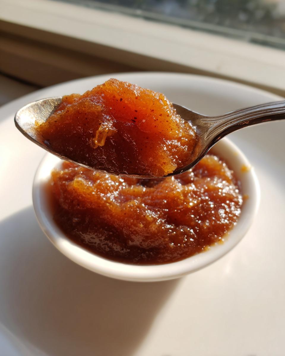 A spoonful of rich, dark brown homemade pear butter being lifted from a small white bowl.