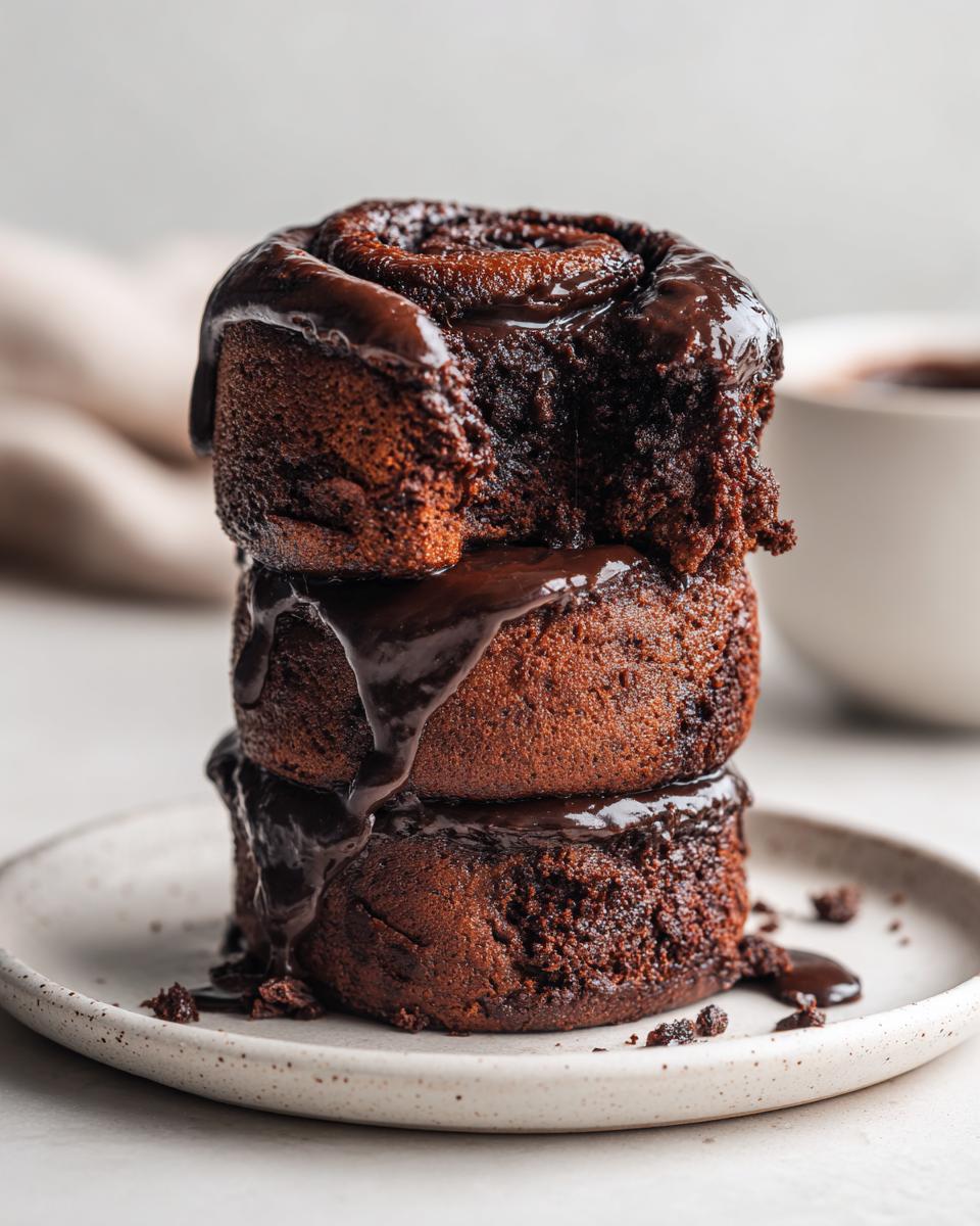 A stack of three rich chocolate cinnamon rolls drizzled heavily with dark chocolate glaze.