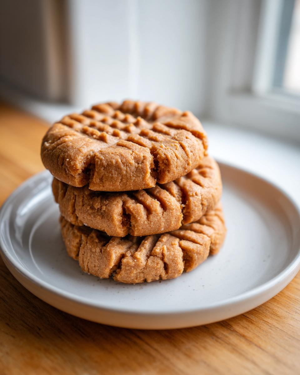 A stack of three classic peanut butter cookies with fork marks, resting on a small white plate.