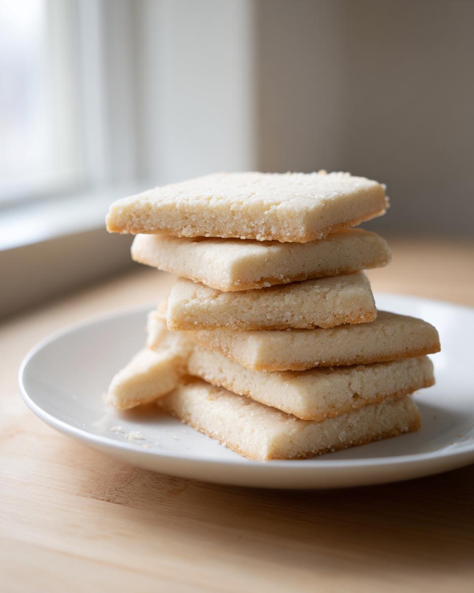 A vertical stack of square, pale shortbread cookies resting on a small white plate.