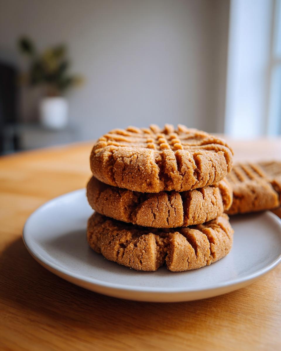 A stack of three classic peanut butter cookies showing the traditional crisscross fork marks, served on a small white plate.