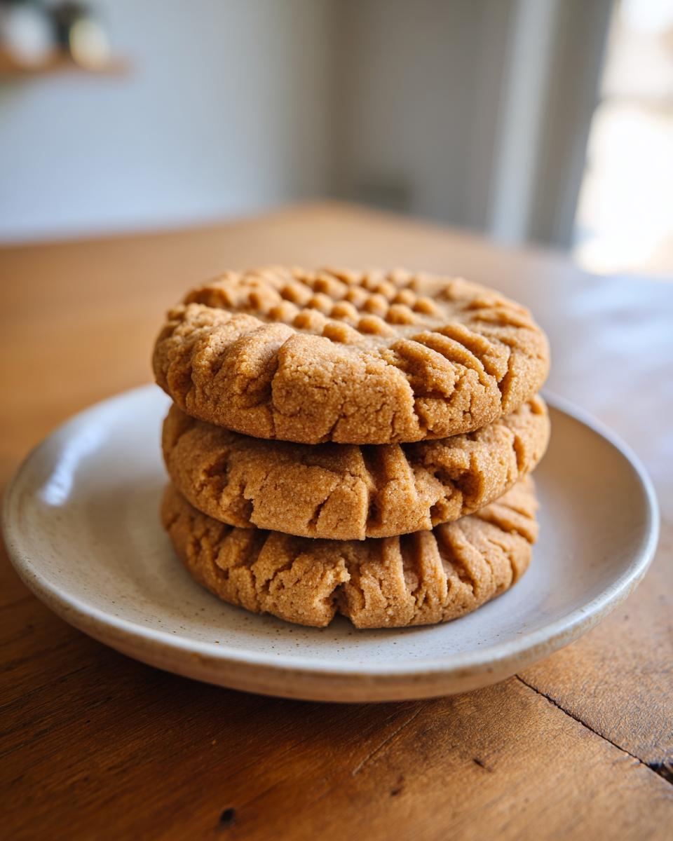 A stack of three freshly baked peanut butter cookies showing classic cross-hatch fork marks on a small ceramic plate.