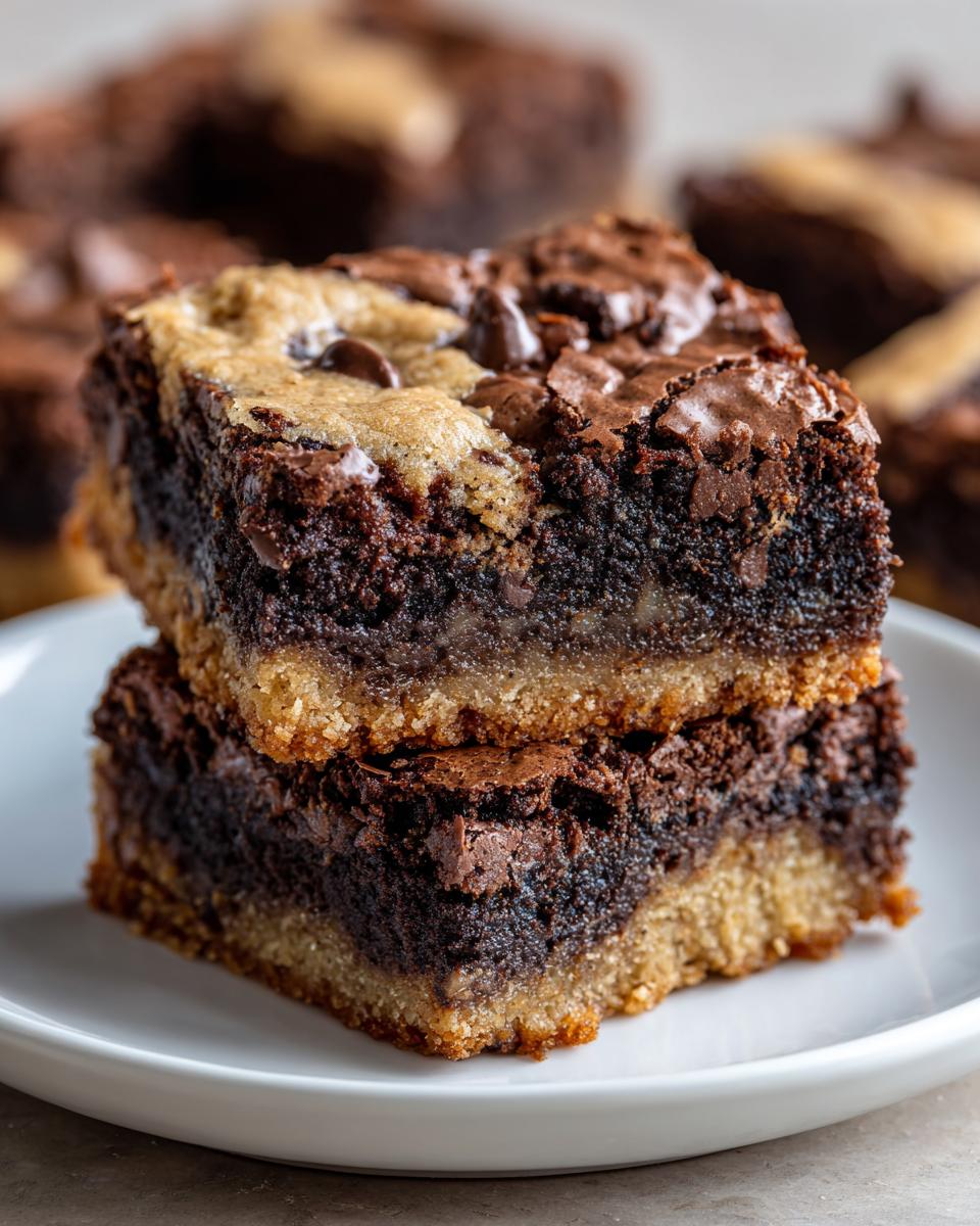 Two stacked, fudgy brookies showing distinct brownie and cookie layers, topped with chocolate chips.