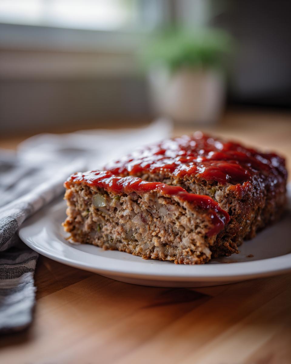 A thick slice of stove top stuffing meatloaf topped with a shiny ketchup glaze served on a white plate.