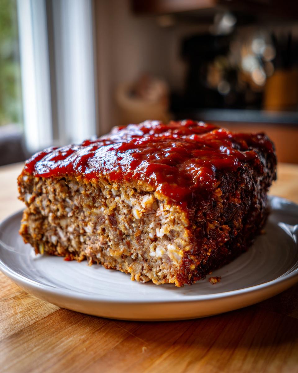 A thick slice of stove top stuffing meatloaf topped with shiny red ketchup glaze, resting on a white plate.