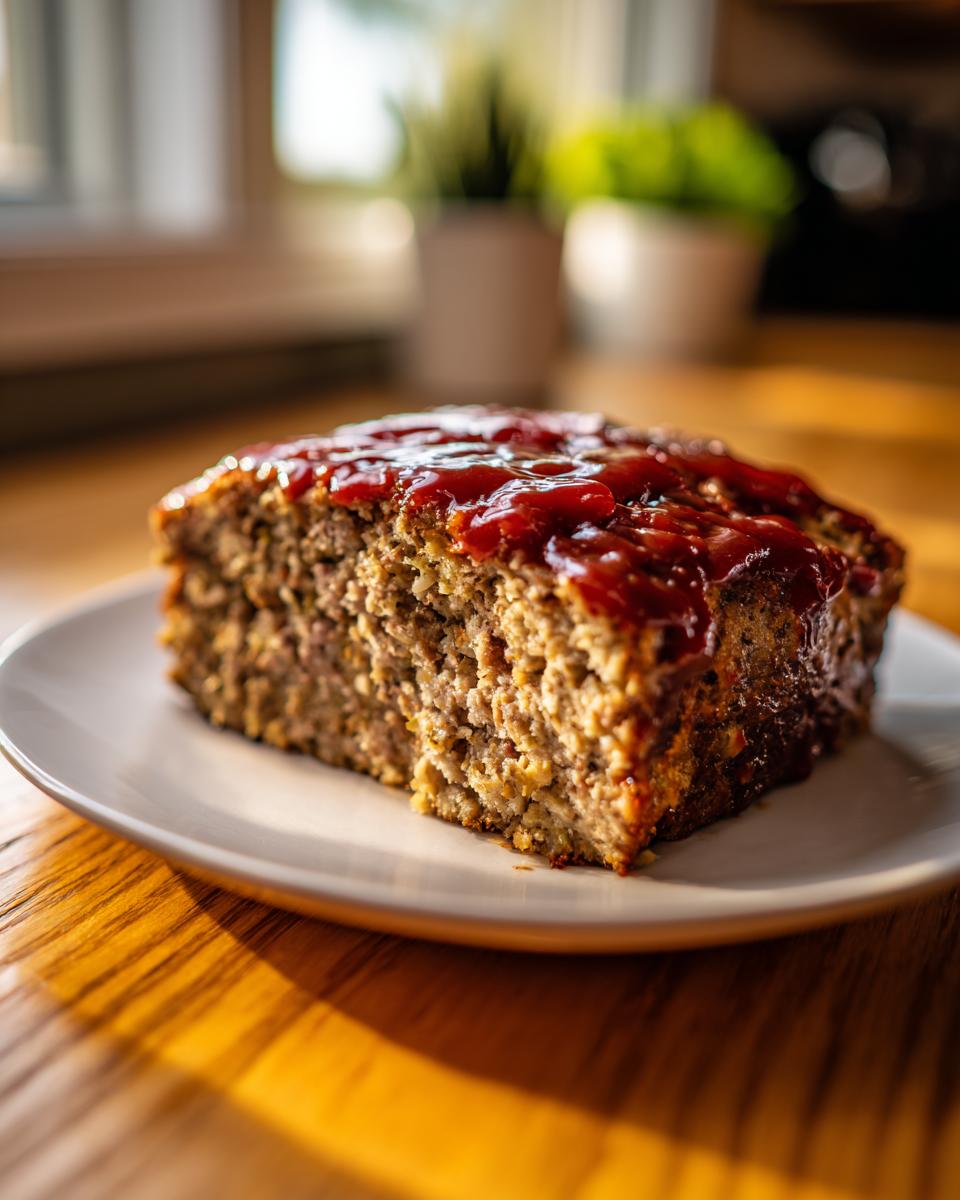 A thick slice of stove top stuffing meatloaf topped with a shiny red glaze, sitting on a white plate.
