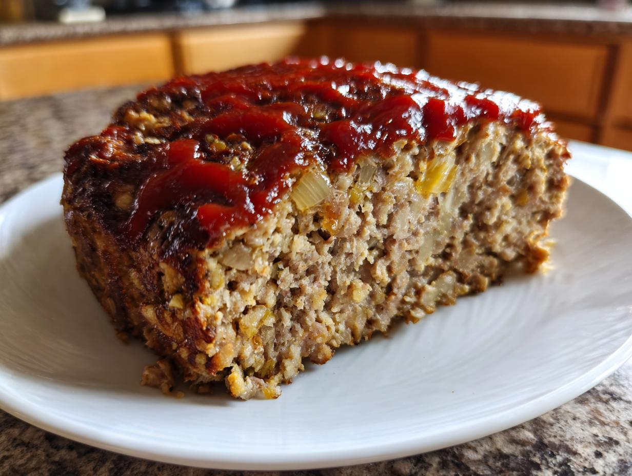 A thick slice of stove top stuffing meatloaf topped with glossy ketchup glaze on a white plate.