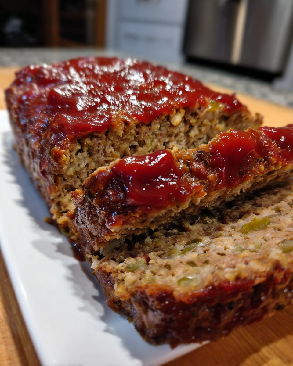 Close-up of a sliced stove top stuffing meatloaf topped with a thick, glossy ketchup glaze.