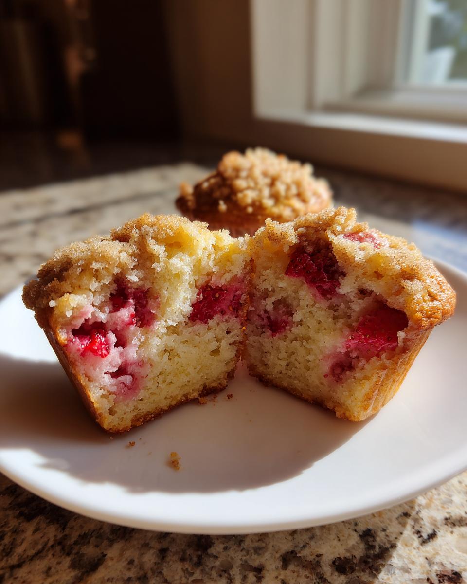Close-up of a strawberry muffin cut in half showing moist interior and bright red fruit pieces, part of amazing strawberry muffins.