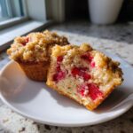 Cross-section of a delicious strawberry muffin showing bright red fruit inside, next to a whole muffin with crumb topping.