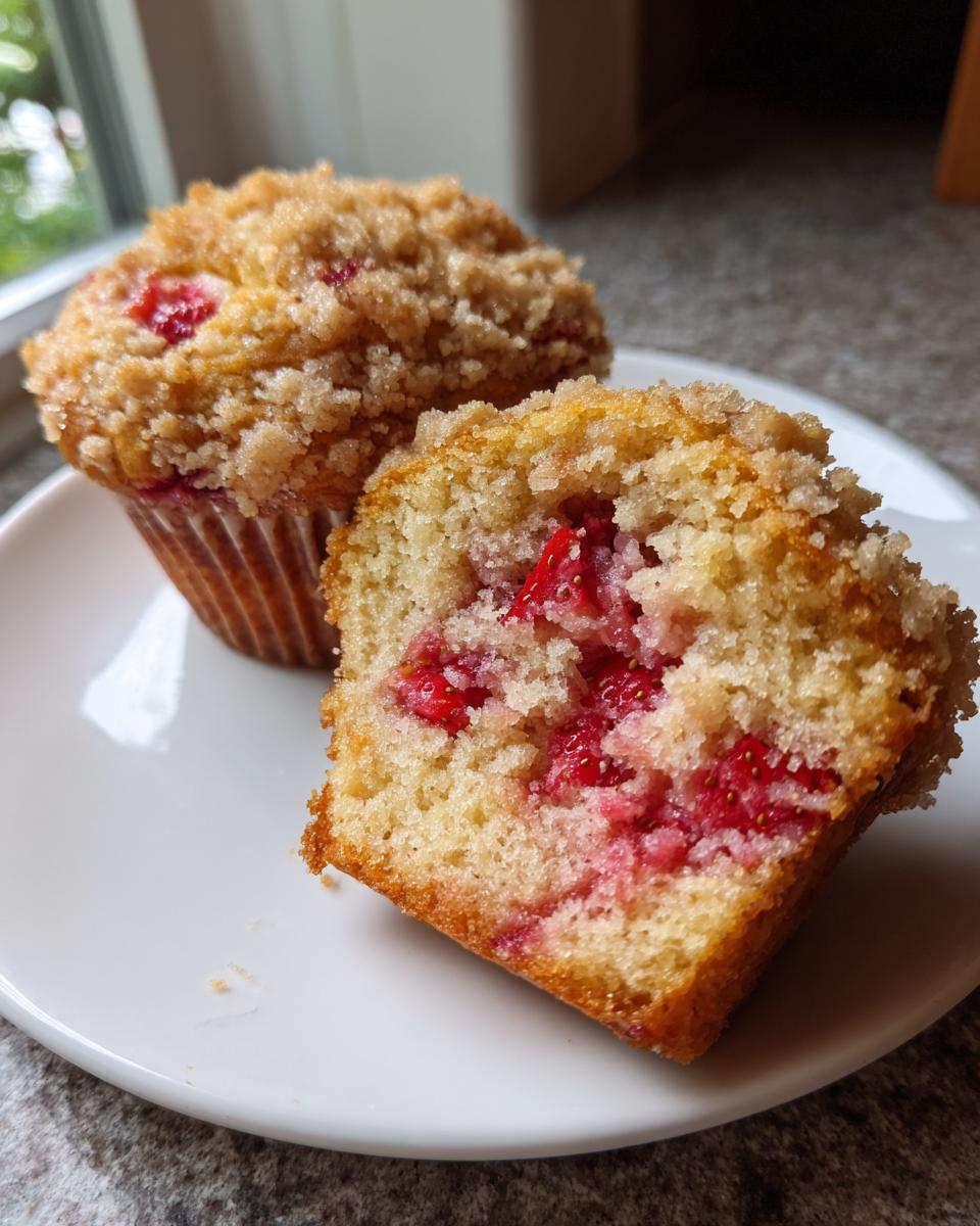 A strawberry muffin cut in half showing juicy strawberry pieces inside, next to a whole strawberry muffin.