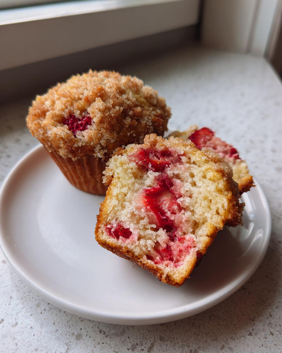 A whole and a halved strawberry muffin showing bright red fruit inside, topped with brown sugar crumble.