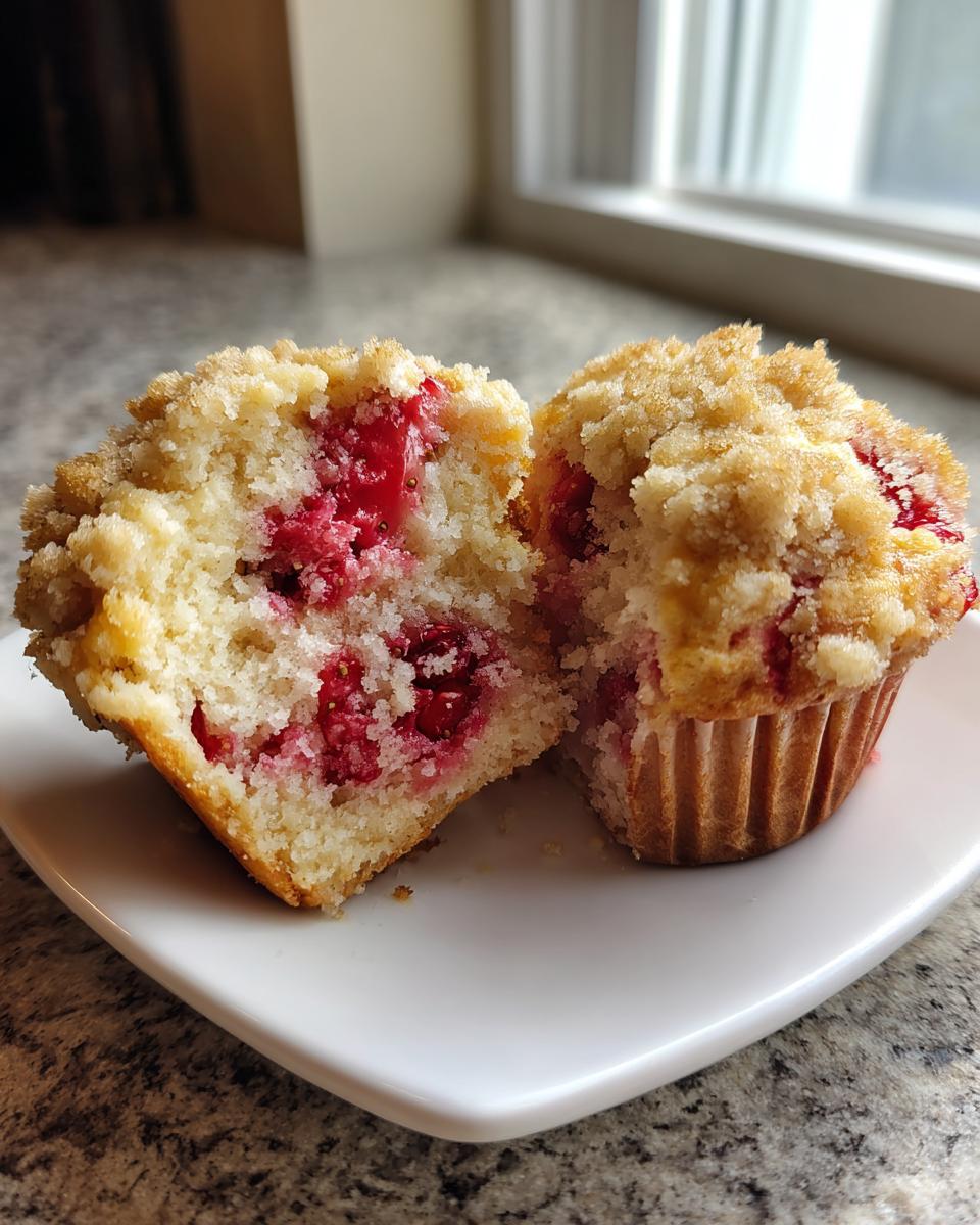 Close-up of a strawberry muffin cut in half showing the moist crumb and bright red strawberries inside.