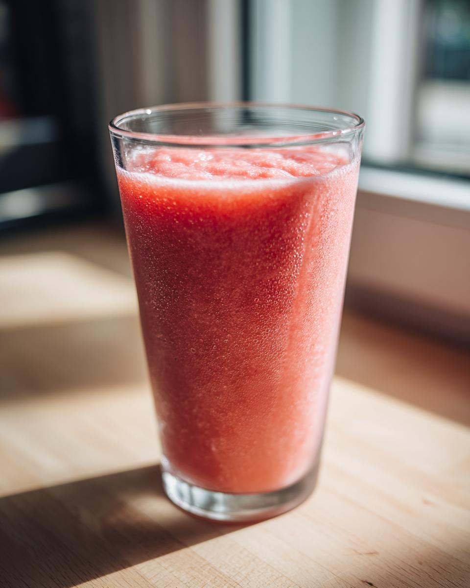 A tall glass filled with a vibrant, icy watermelon smoothie sitting on a sunlit wooden counter.