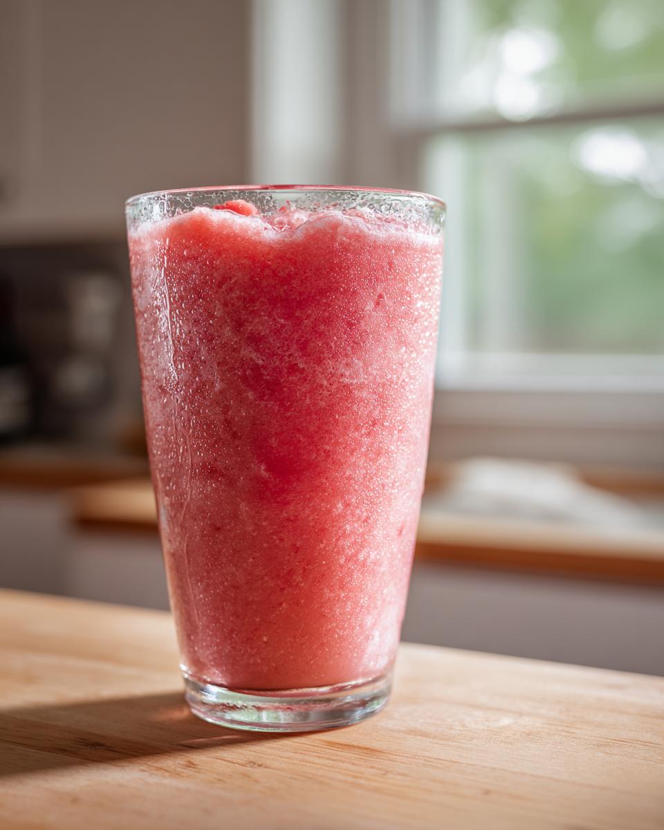 A tall glass filled with a bright pink, icy watermelon smoothie sitting on a wooden counter.