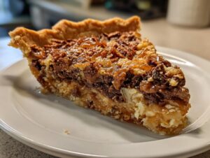 A thick slice of Texas Trash Pie showing layers of crust, filling, and a gooey pecan/caramel topping.
