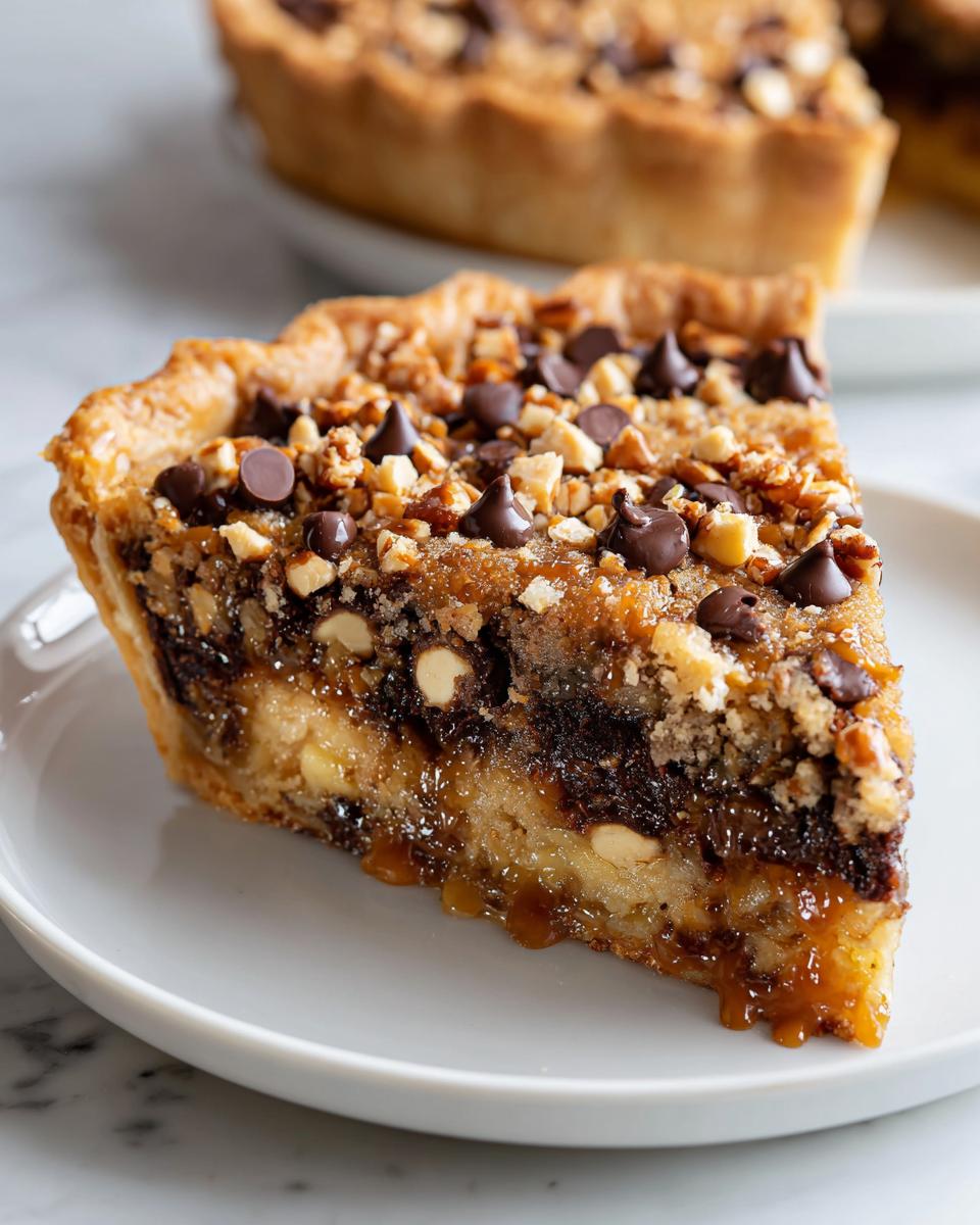 A close-up slice of rich Texas Trash Pie featuring gooey caramel, chocolate chips, and chopped nuts on a white plate.