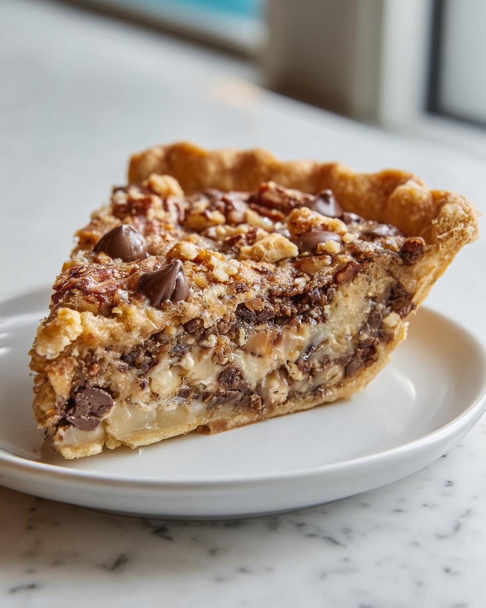 A close-up of a decadent slice of texas trash pie showing a creamy filling, chocolate chips, and pecan topping.