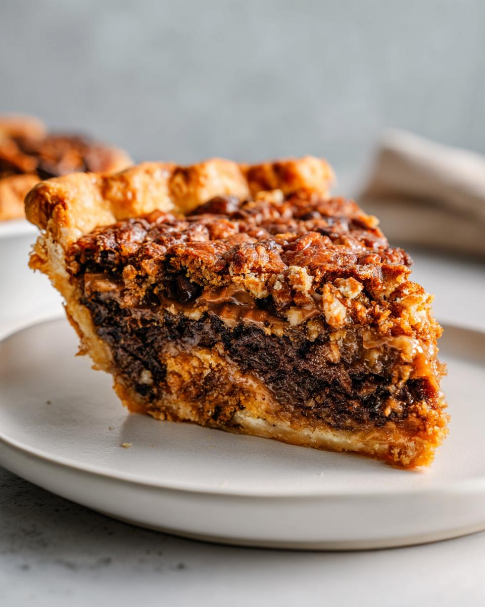 Close-up of a rich slice of texas trash pie showing a dark, gooey center and crunchy pecan topping.