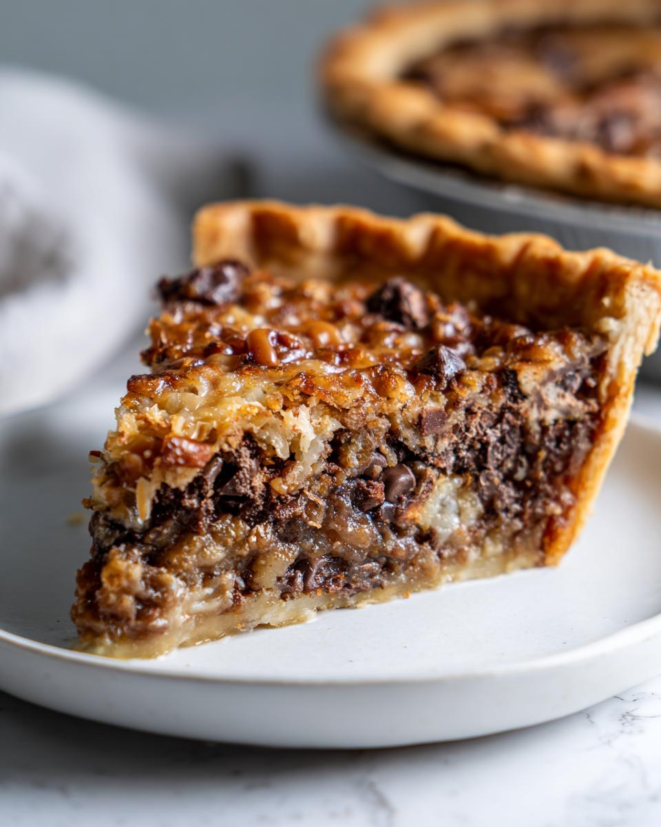 Close-up of a rich slice of texas trash pie showing the gooey filling, chocolate chips, and pecan topping.