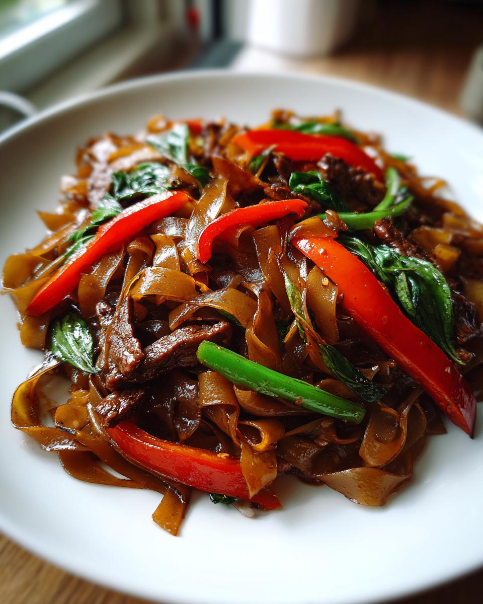 Close-up of glossy, dark brown wide rice noodles mixed with beef, bright red bell peppers, and green basil in a serving of thai drunken noodles.