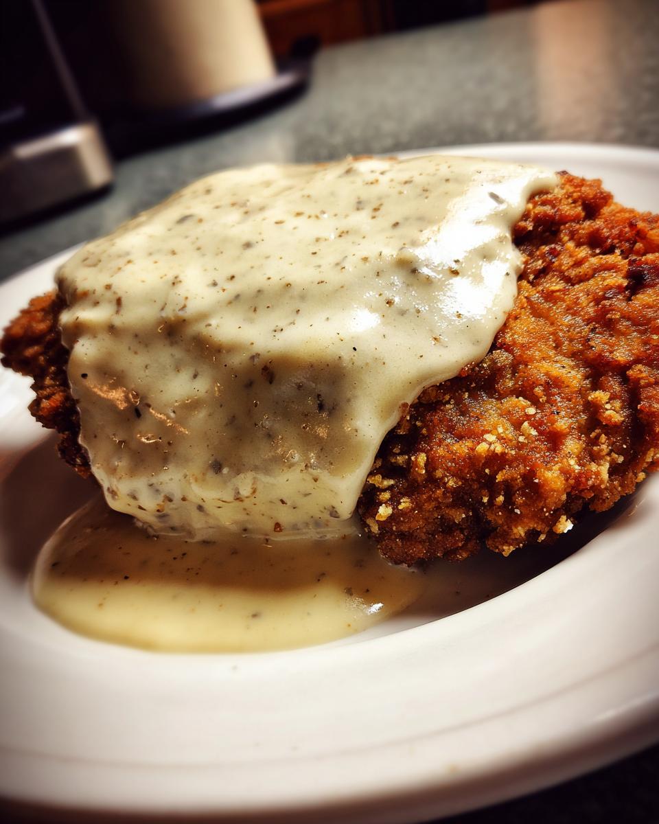 Close-up of a crispy, golden-brown chicken fried steak smothered in rich, peppered white gravy.
