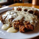 Close-up of crispy, golden-brown chicken fried steak smothered in creamy, peppered country gravy.