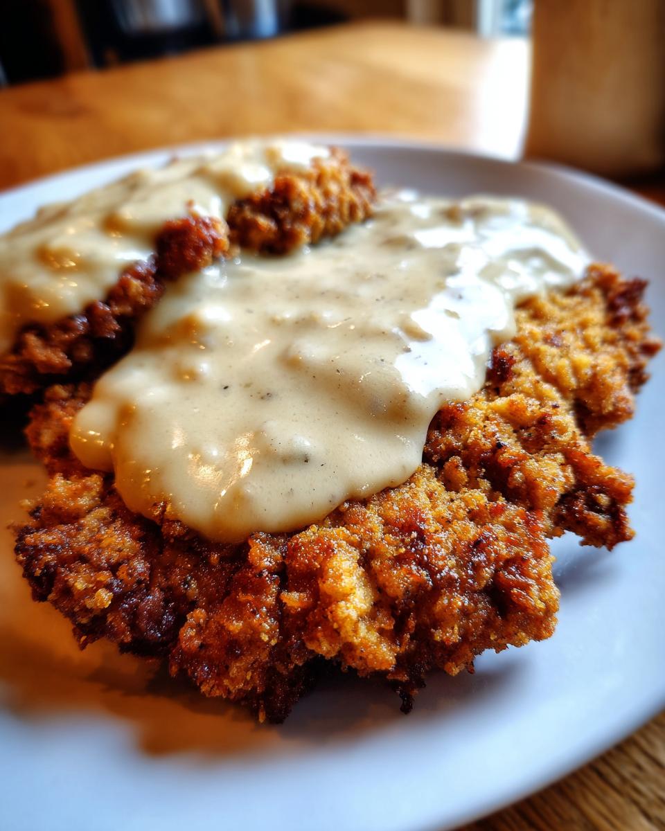 Close-up of crispy, golden brown chicken fried steak smothered in creamy, peppered country gravy.